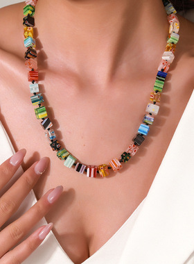 穆拉诺千花琉璃珠多巴胺串珠项链女小众设计新款高级感锁骨