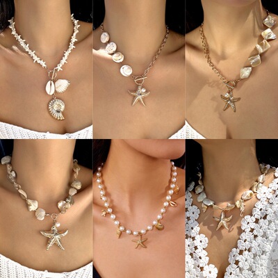 Cross-border vacation style starfish shell lady's necklace女