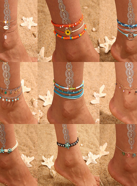 Woven turquoise sunflower handmade rice bead anklet休闲脚链