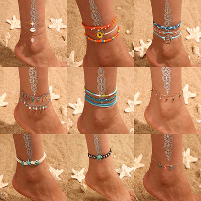 Woven turquoise sunflower handmade rice bead anklet休闲脚链