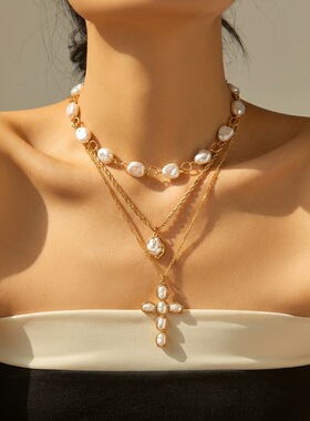 Casual accessory imitation pearl cross necklace for women女