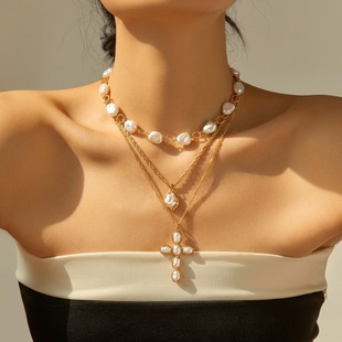 Casual accessory imitation pearl cross necklace for women女