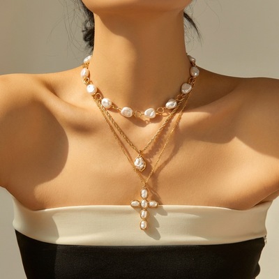Casual accessory imitation pearl cross necklace for women女