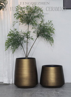 景德镇陶瓷花盆北欧古铜色客厅室内绿植装饰摆件大V号落地花瓶