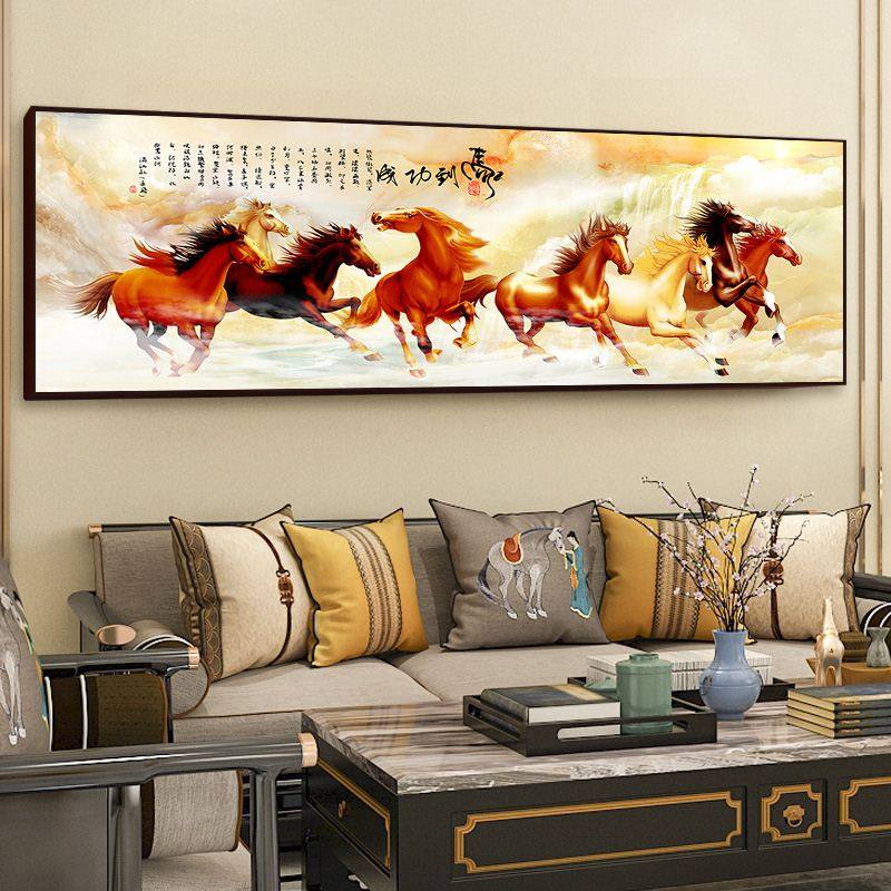 新中式国画八骏图客厅装饰画办公室挂画样板房马到功成字画横幅