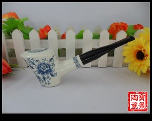 创雅包邮手绘墨竹款洗水烟斗烟筒青花锤子熏烧直式陶瓷烟具陶土斗