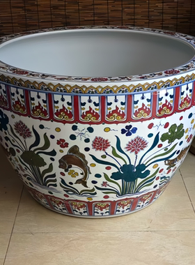中式陶瓷鱼缸花盆客厅装饰摆件彩绘荷花金鱼缸家居饰品