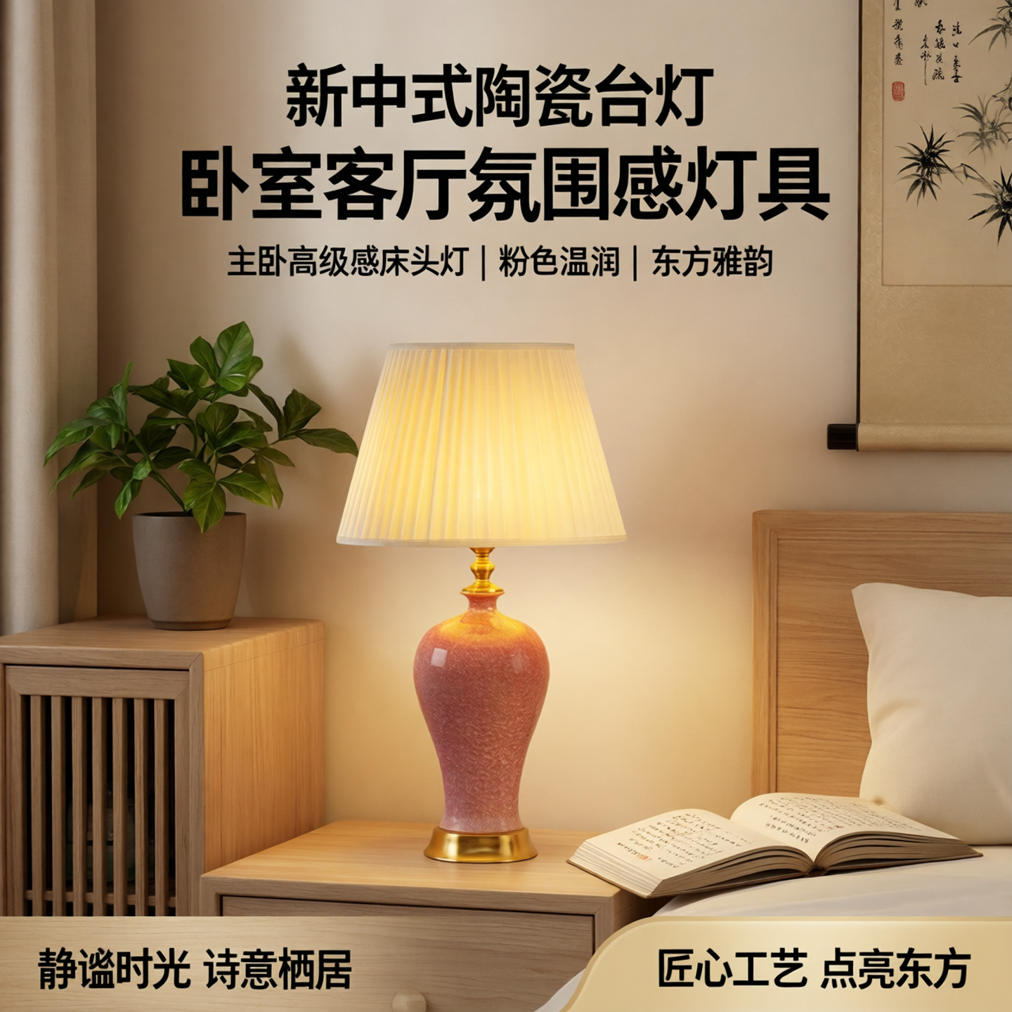 景德镇陶瓷台灯粉色装饰美式风客厅氛围感灯具主卧室高级感床头灯