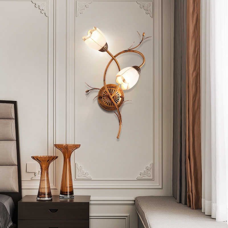 法式复古壁灯简约欧式客厅壁灯美式田园创意花朵花草卧室床头灯具
