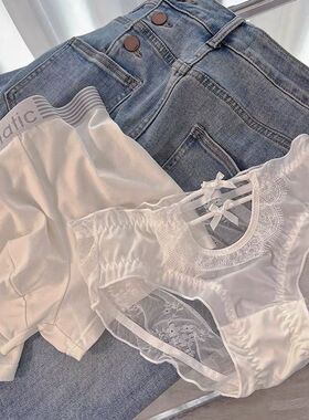 情侣内裤黑白轻奢性感双结镂空透气网纱中腰男女裆部纯棉内裤套装