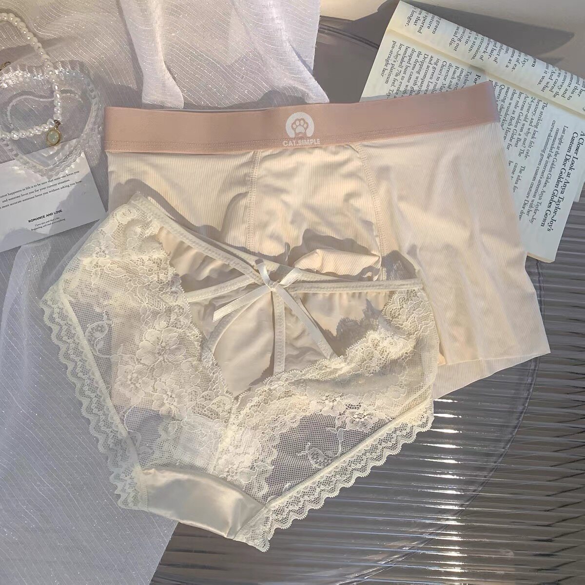 新款粉色绑带蕾丝情侣内裤一男一女2025新款冰丝性感激情风男女裤