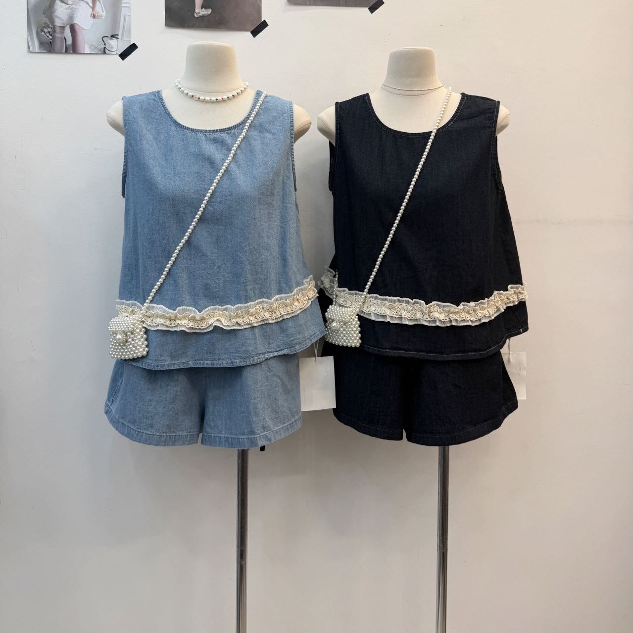 2025年夏季新款法式设计感小众蕾丝拼接牛仔背心+短裤两件套女
