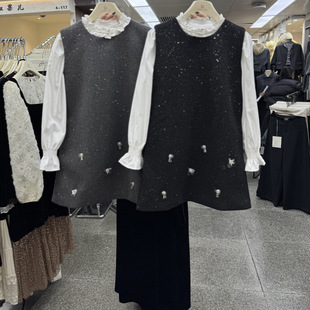 高品质休闲风背心裙两件套女2025冬季新款减龄小个子蕾丝衬衫套装
