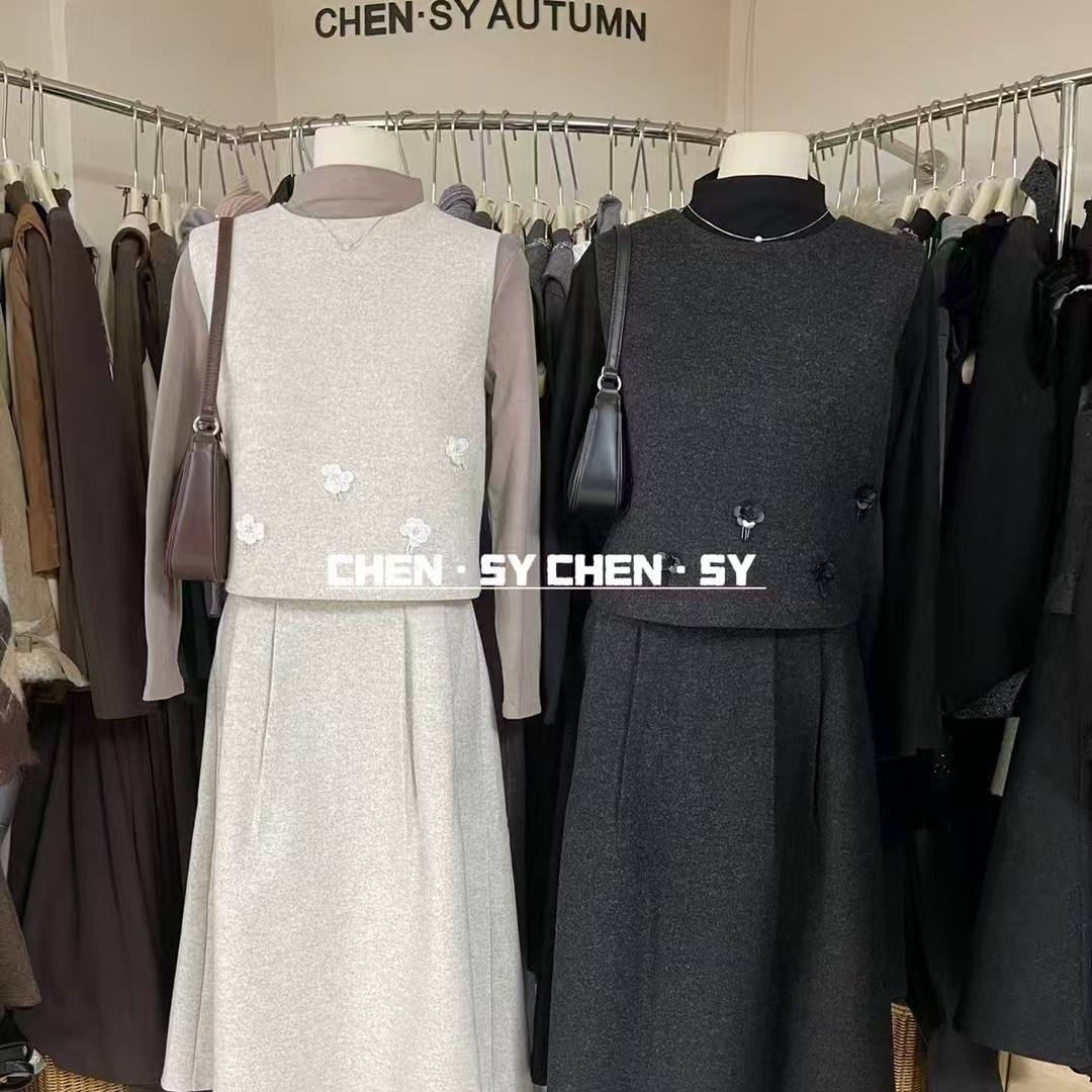 秋冬新款轻熟风毛呢马甲三件套女轻奢高级感气质套装小个子穿搭