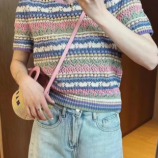 甜系温柔配色 棉质T恤 镂空钩花彩虹条纹短袖 美化头肩比例更显瘦