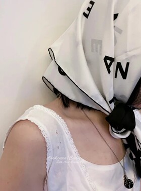 对角拼接欧美手工卷边真丝丝巾