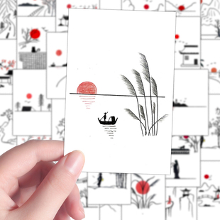 108张山水简笔画贴古风治愈风景创意ins练习素材贴画装饰手账桌面