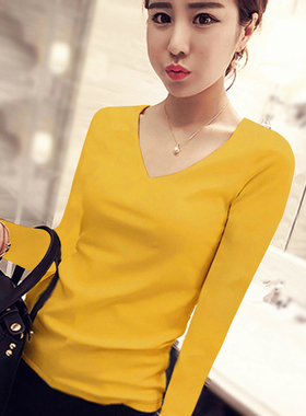 修身正肩V领t恤长袖内搭打底衫女春秋时尚洋气纯棉早秋上衣ins潮