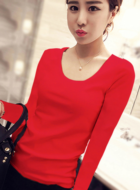 大红色纯棉修身长袖t恤女春秋内搭打底衫2025年春季新款紧身上衣