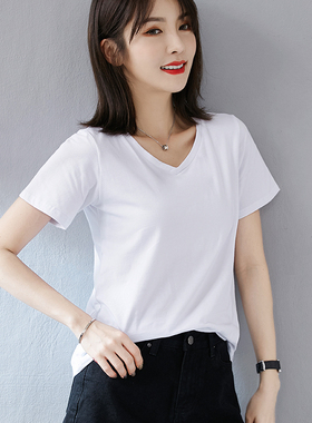 纯棉宽松V领白色t恤女短袖2025年新款夏季女装体恤韩版微胖mm上衣