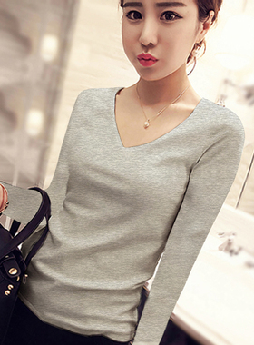 早秋灰色纯棉打底衫女春秋薄款内搭长袖t恤紧身显瘦简约低领上衣