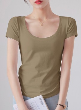 纯棉低领紧身短袖t恤女2025年夏季新款修身漏锁骨小众设计感上衣