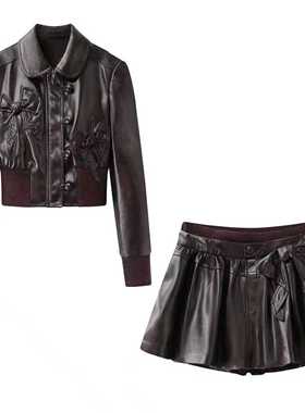 轻奢风娃娃领蝴蝶结PU皮衣外套女2026春季新款短外套气质显瘦