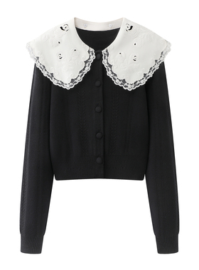 甜美风娃娃领花边针织开衫女2026春季新款黑色长袖百搭毛衣外套