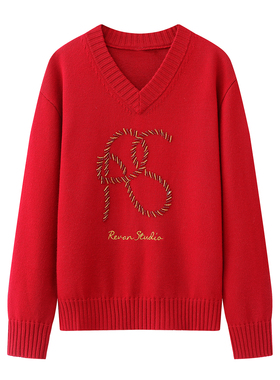 新年红色V领刺绣针织衫女2026春季新款套头宽松毛衣长袖