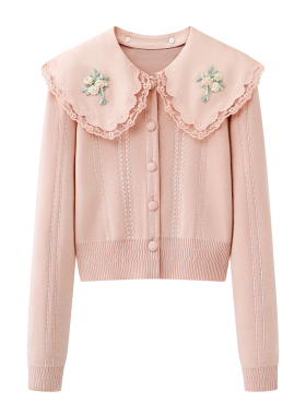 甜美风娃娃领蕾丝边刺绣花朵针织开衫女2026春季新款长袖粉色上衣