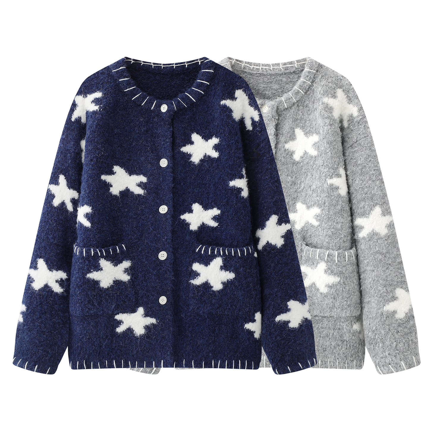 时尚圆领卡小星星提花针织开衫女