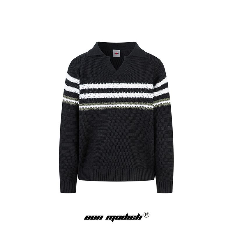 行星世界2025秋季新款美式校园风慵懒条纹针织衫翻领毛衣打底衫