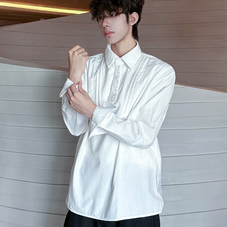 行星世界 美式复古刺绣长袖衬衫男女宽松休闲百搭情侣上衣