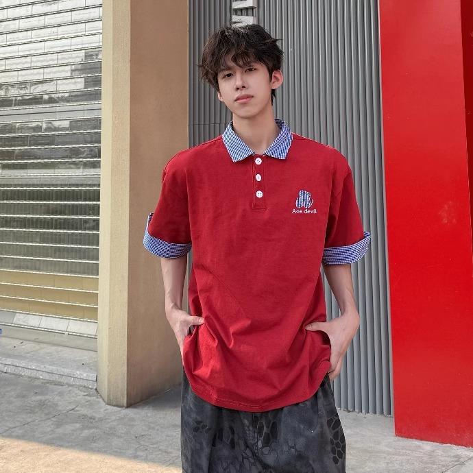 行星世界 学院风格子短袖polo衫t恤女夏宽松慵懒风韩系假两件衬衫