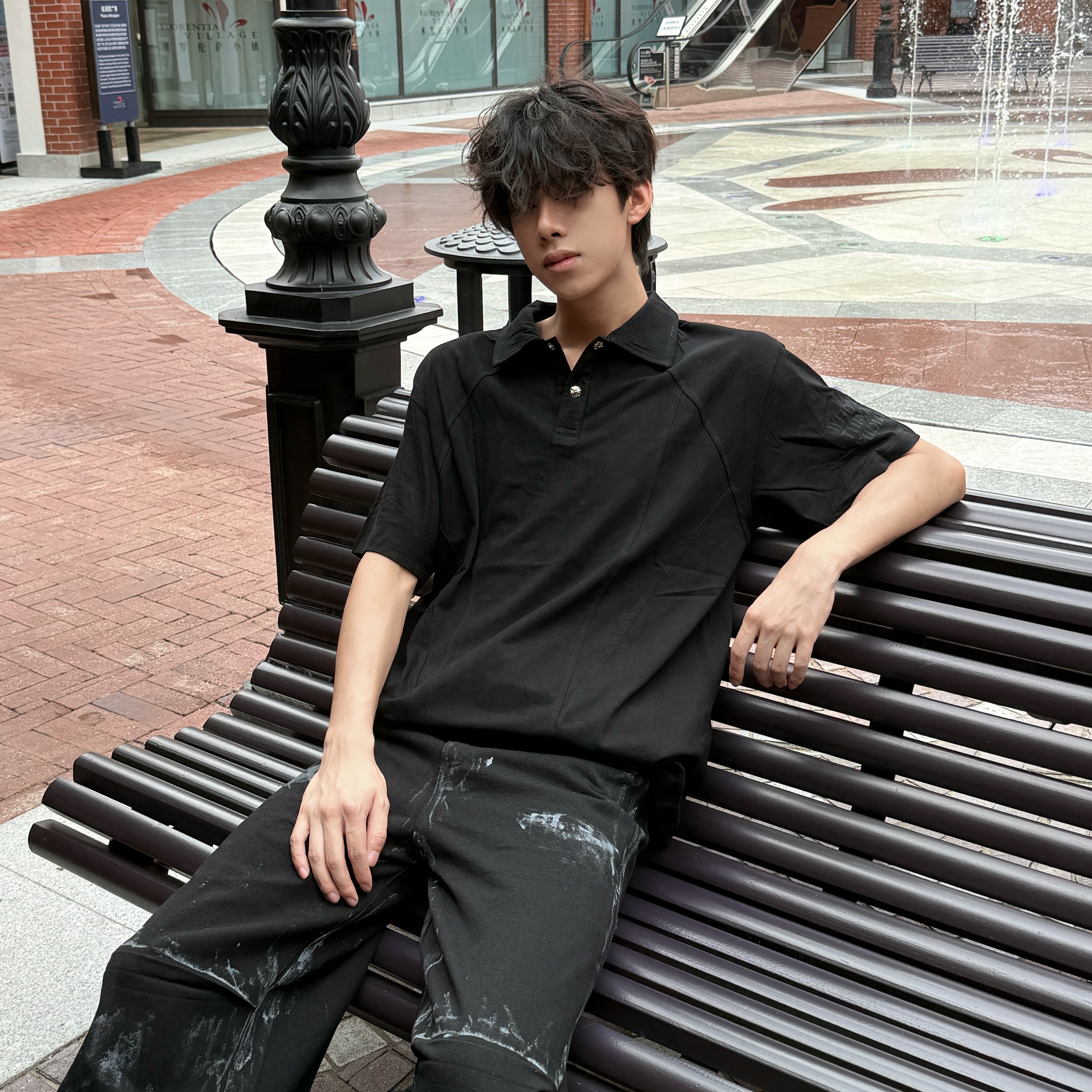 行星世界美式复古背后字母印花POLO衫男女夏季宽松休闲情侣上衣