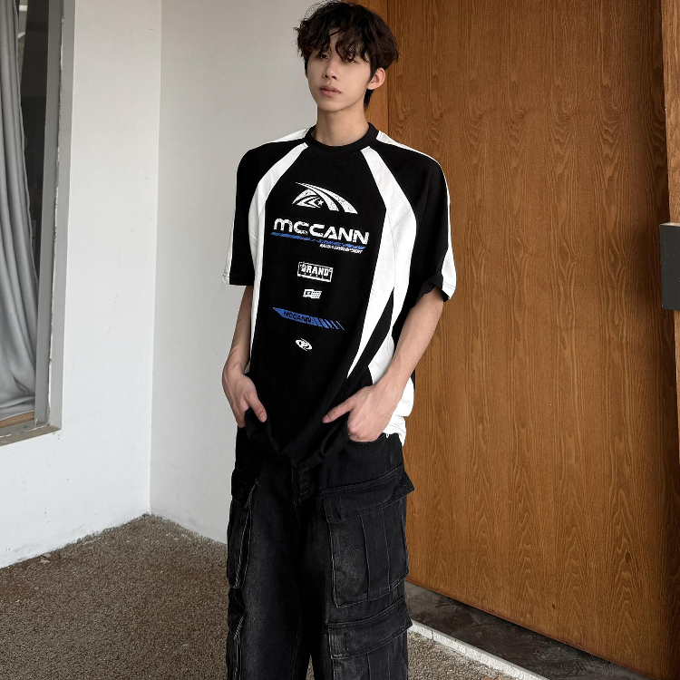 行星世界 美式复古高街拼色短袖T恤男潮流宽松oversize半袖上衣