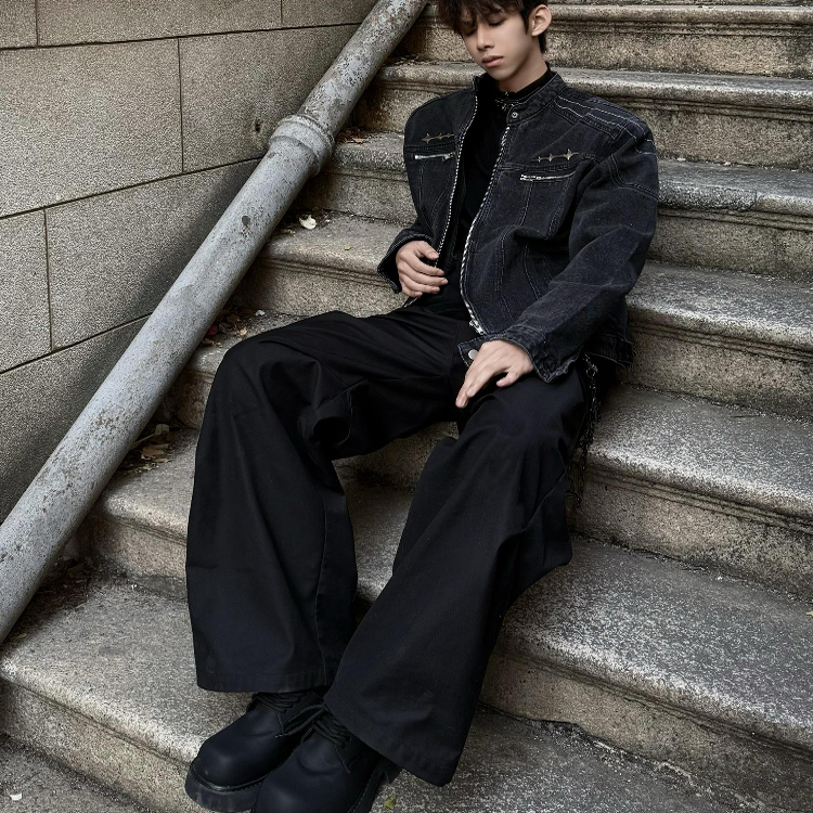 行星世界 美式复古小众水洗牛仔外套情侣秋冬款做旧垫肩短版夹克