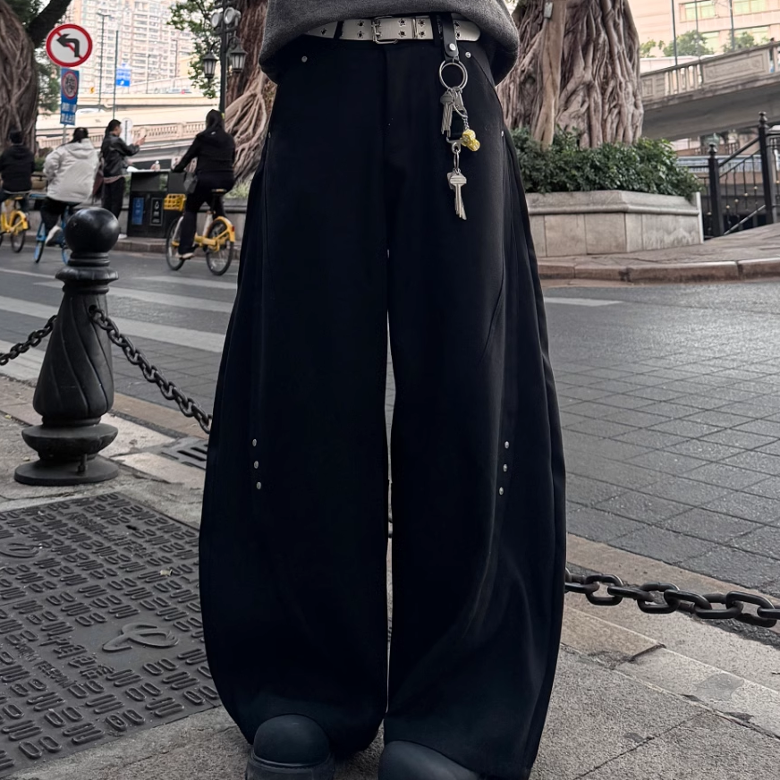 行星世界 高级设计感弯刀西裤拼接铆钉休闲裤男女垂坠感拖地裤子