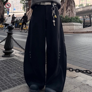 男女垂坠感拖地裤 拼接铆钉休闲裤 子 高级设计感弯刀西裤 行星世界