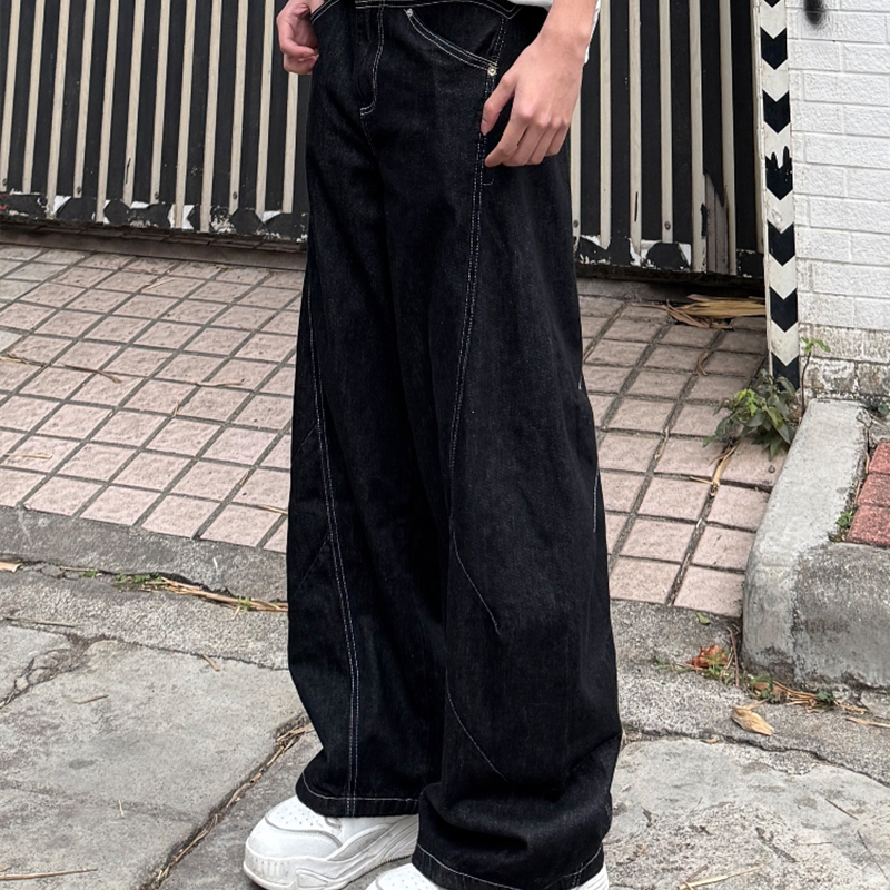 行星世界 美式复古解构拼接弯刀牛仔裤男宽松阔腿分割镰刀垂感裤