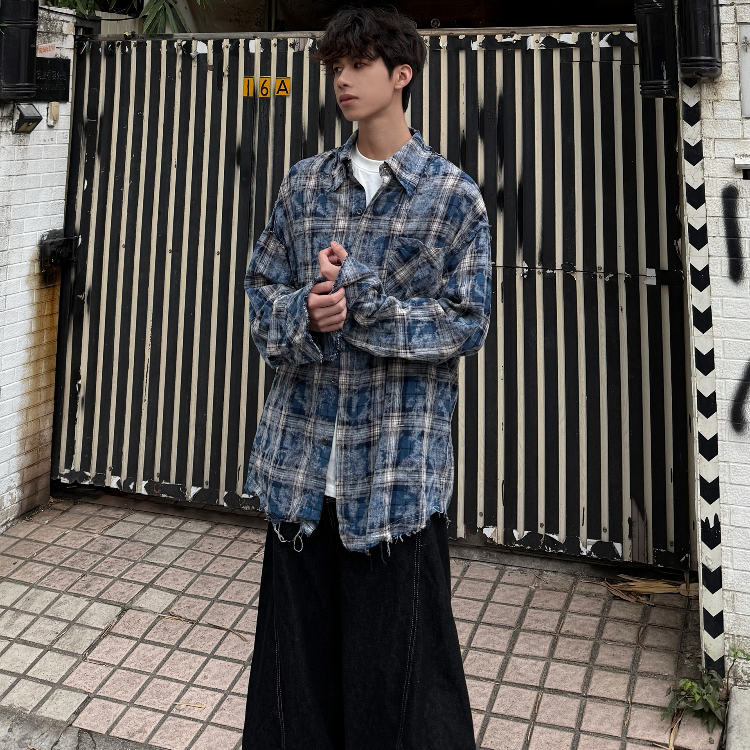 行星世界 美式街头格纹扎染衬衫外套男春季新款宽松流苏毛边衬衣