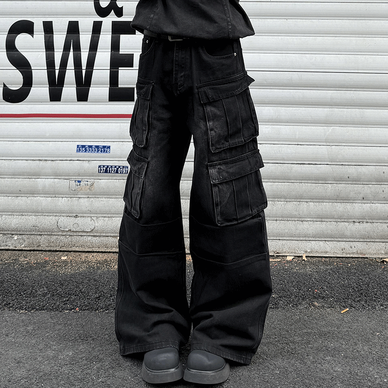 行星世界 复古工装牛仔裤ins春季新款宽松cleanfit大口袋长裤子