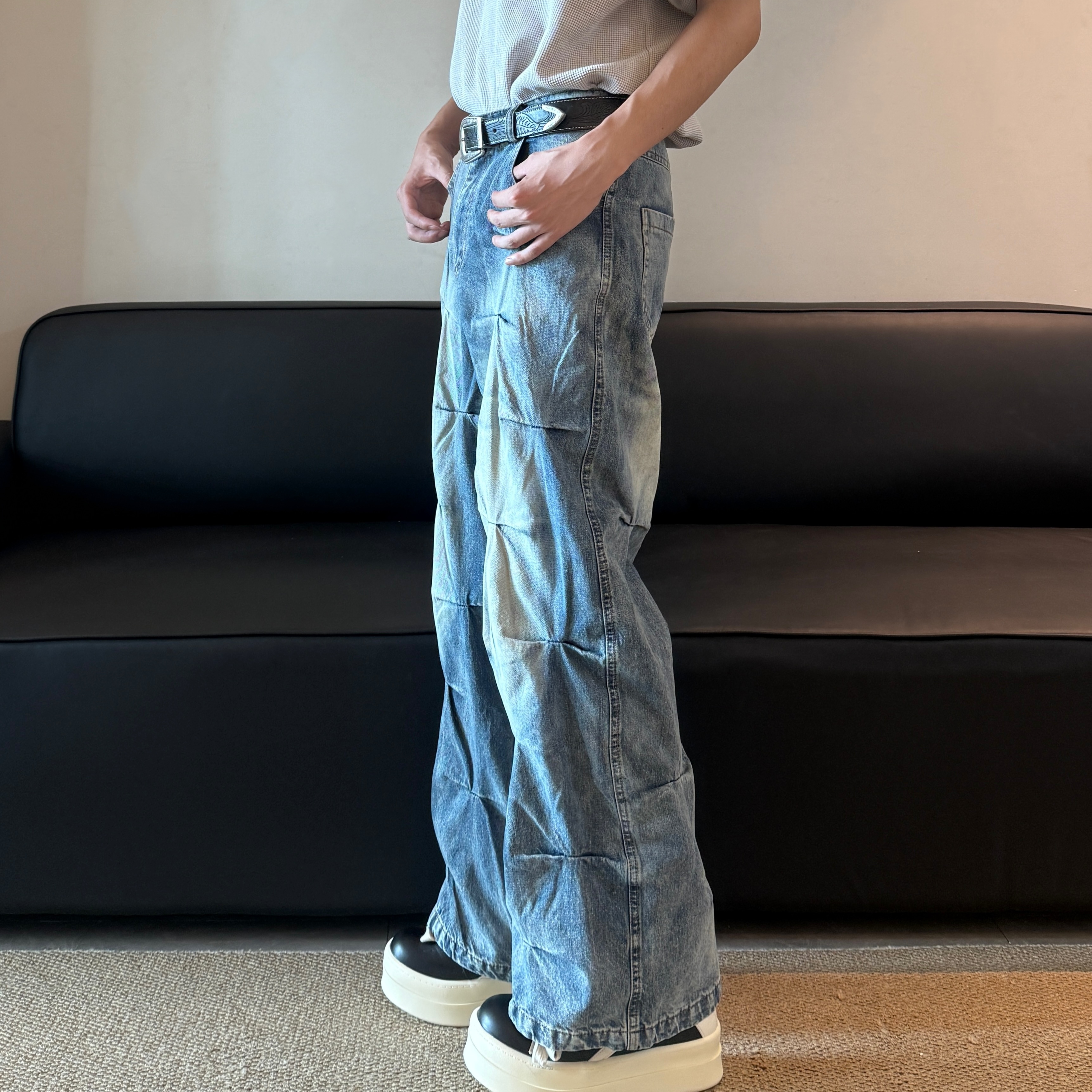 行星世界美式复古水洗牛仔褶皱裤子春秋高街痞帅宽松阔腿垂感直筒