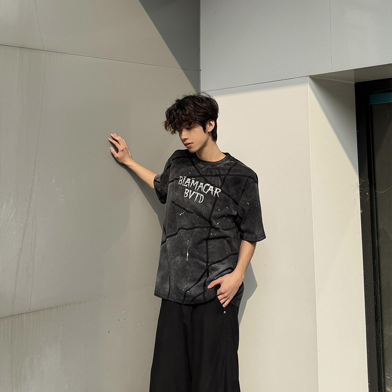 行星世界 美式复古字母印花短袖t恤男女夏季新款宽松情侣上衣ins