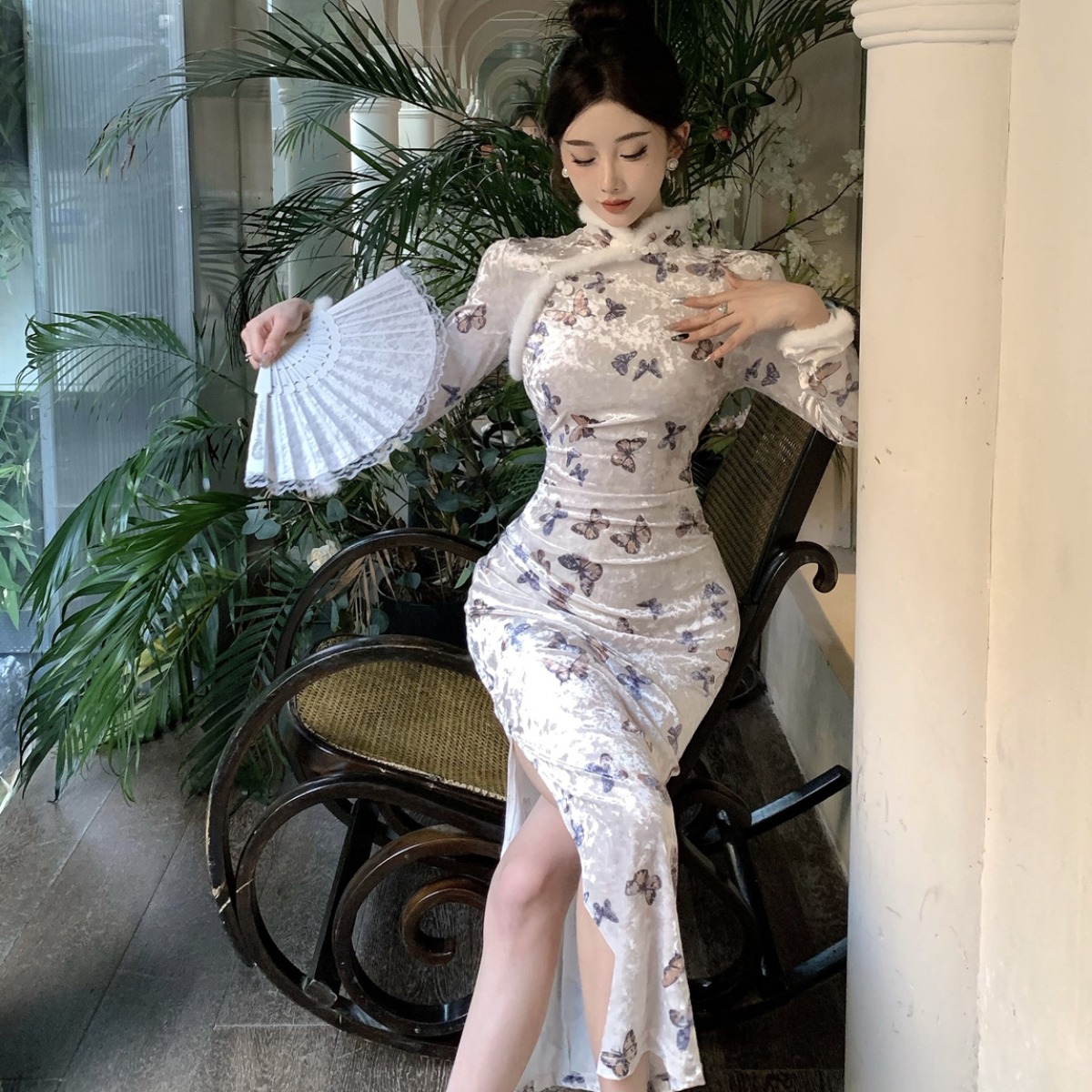 复古日常中长款开叉旗袍显身材