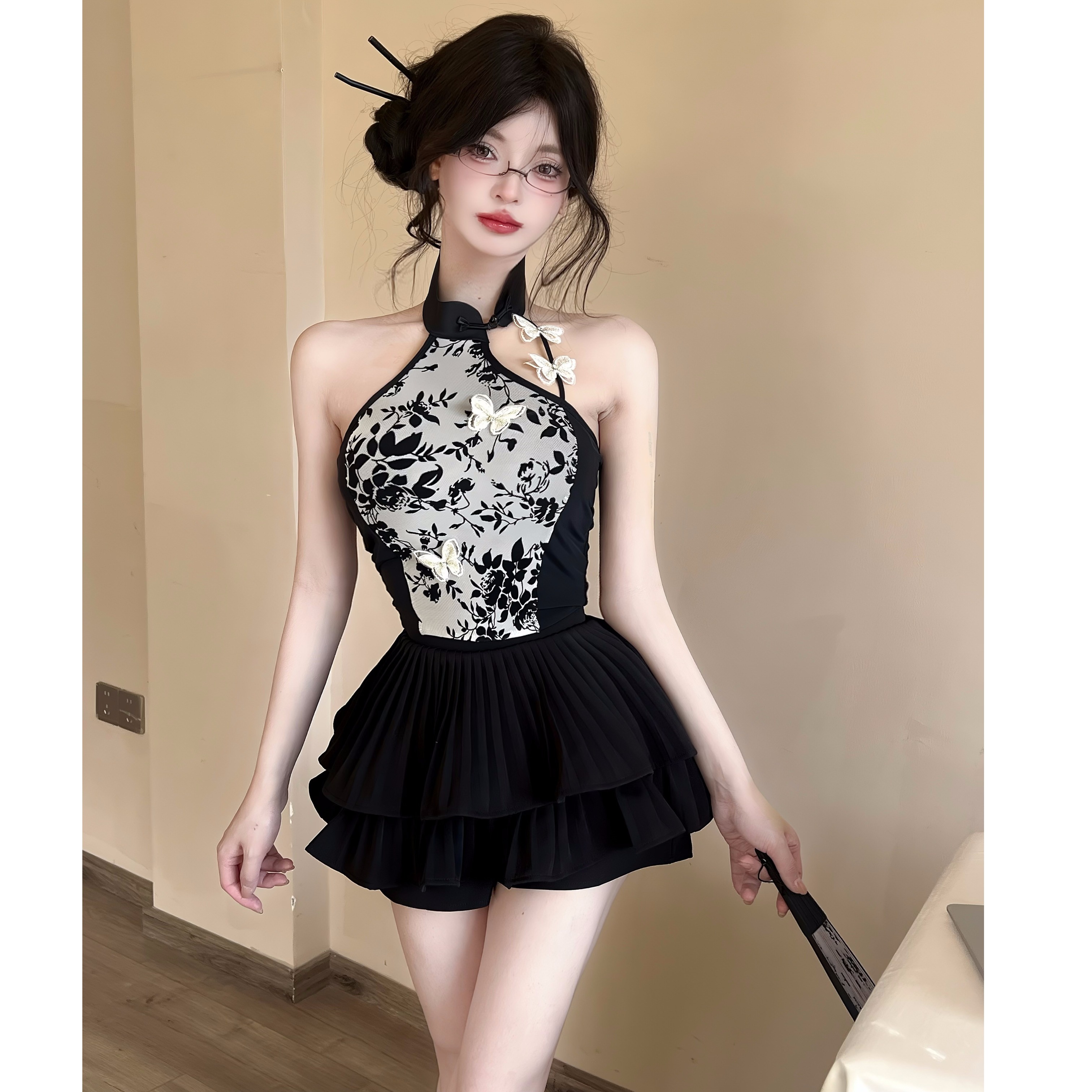 新中式国风辣妹性感挂脖抹胸旗袍吊带背心高腰蛋糕半裤裙两件套装
