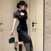 包臀开叉中长款 夏季 复古气质性感镂空修身 旗袍连衣裙女技师工作服
