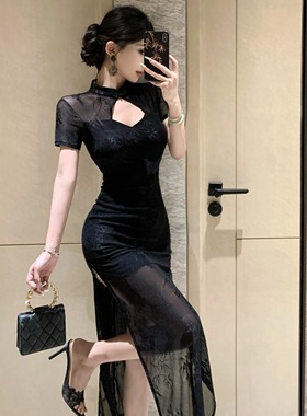 夏季复古气质性感镂空修身包臀开叉中长款旗袍连衣裙女技师工作服