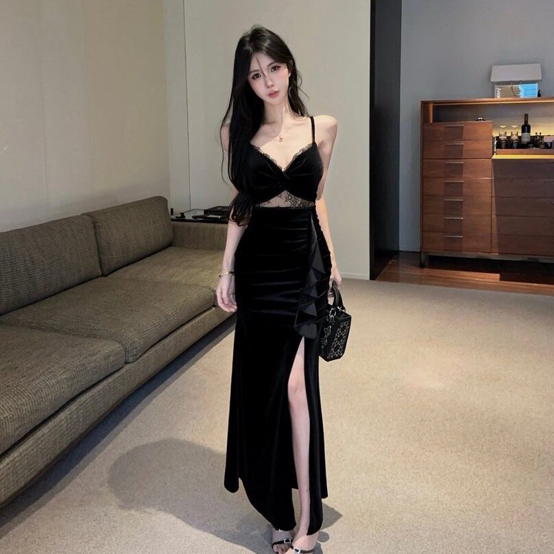 性感包臀开叉连衣裙丝绒带胸垫