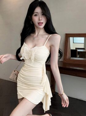 性感吊带裙网纱纯色带胸垫显身材